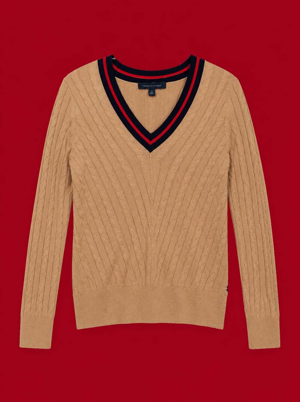 Tommy Hilfiger Cable Knit V-Neck Sweater with Striped Ribbing